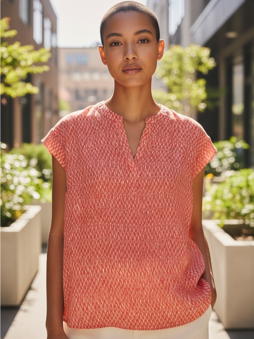Hilary Radley Coral and White Patterned Blouse